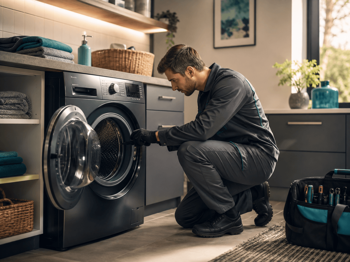 Appliance repair technician working on a washing machine