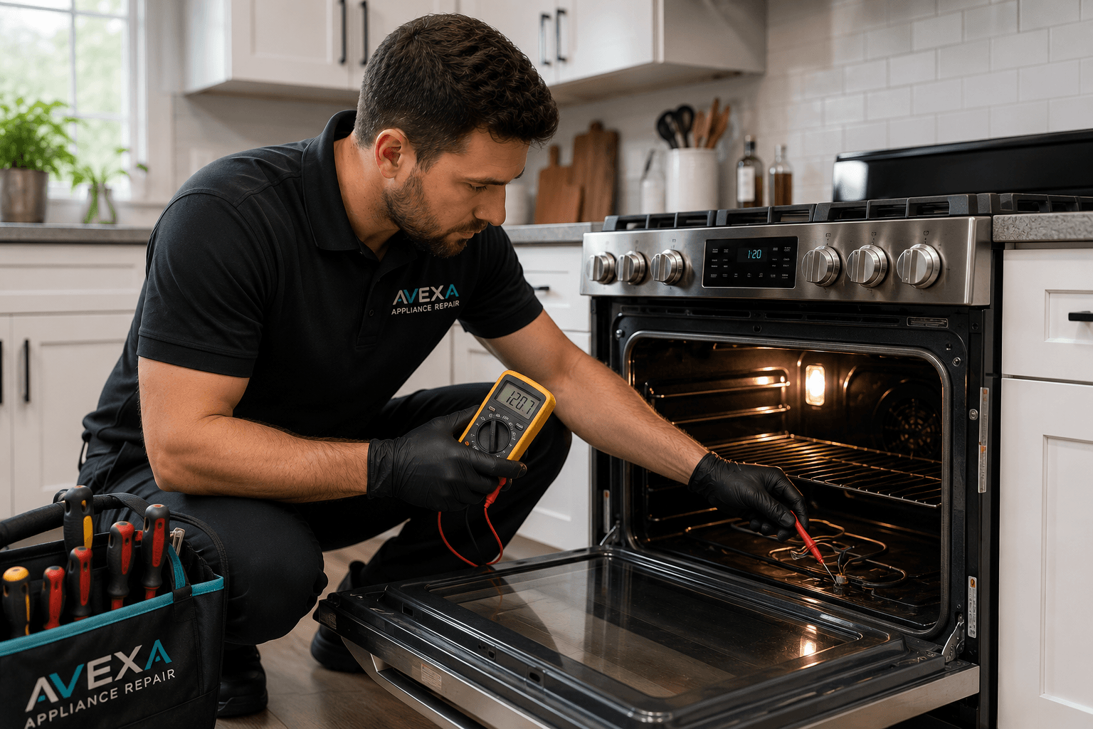 AVEXA technician diagnosing a range and oven