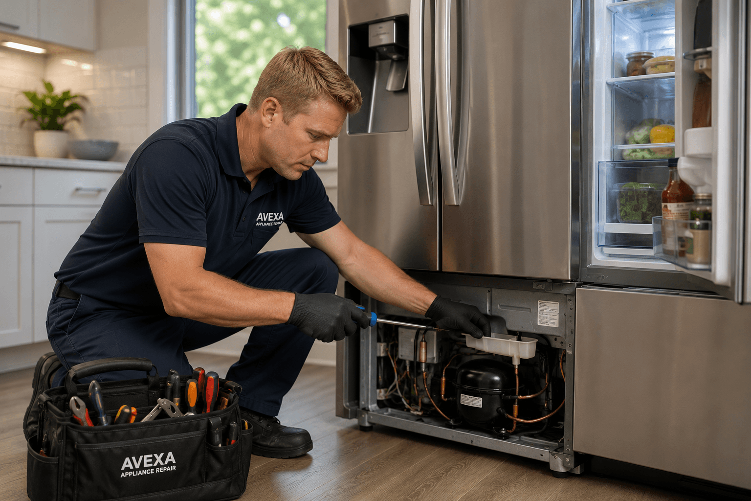 AVEXA technician diagnosing a refrigerator